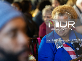 A supporter of Vice President Kamala Harris attends a Get Out the Vote event in Harrisburg, Pennsylvania, United States, on November 3, 2024...