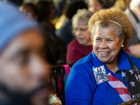 A supporter of Vice President Kamala Harris attends a Get Out the Vote event in Harrisburg, Pennsylvania, United States, on November 3, 2024...