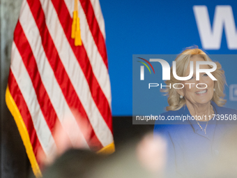 First Lady Jill Biden arrives at a Get Out the Vote campaign event for Harris-Walz in Harrisburg, Pennsylvania, United States, on November 3...