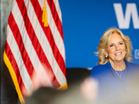 First Lady Jill Biden arrives at a Get Out the Vote campaign event for Harris-Walz in Harrisburg, Pennsylvania, United States, on November 3...