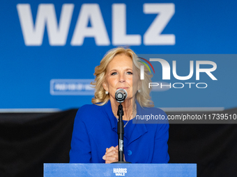 First Lady Jill Biden speaks at a Get Out the Vote campaign event for Harris-Walz in Harrisburg, Pennsylvania, United States, on November 3,...