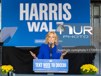 First Lady Jill Biden speaks at a Get Out the Vote campaign event for Harris-Walz in Harrisburg, Pennsylvania, United States, on November 3,...