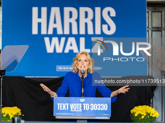 First Lady Jill Biden speaks at a Get Out the Vote campaign event for Harris-Walz in Harrisburg, Pennsylvania, United States, on November 3,...