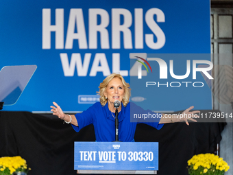 First Lady Jill Biden speaks at a Get Out the Vote campaign event for Harris-Walz in Harrisburg, Pennsylvania, United States, on November 3,...