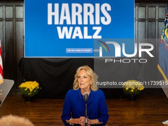 First Lady Jill Biden speaks at a Get Out the Vote campaign event for Harris-Walz in Harrisburg, Pennsylvania, United States, on November 3,...