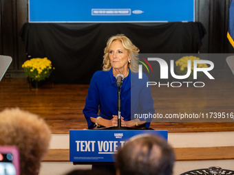 First Lady Jill Biden speaks at a Get Out the Vote campaign event for Harris-Walz in Harrisburg, Pennsylvania, United States, on November 3,...