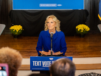 First Lady Jill Biden speaks at a Get Out the Vote campaign event for Harris-Walz in Harrisburg, Pennsylvania, United States, on November 3,...