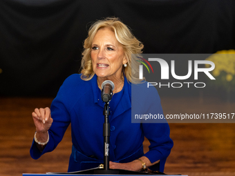 First Lady Jill Biden speaks at a Get Out the Vote campaign event for Harris-Walz in Harrisburg, Pennsylvania, United States, on November 3,...