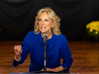 First Lady Jill Biden speaks at a Get Out the Vote campaign event for Harris-Walz in Harrisburg, Pennsylvania, United States, on November 3,...