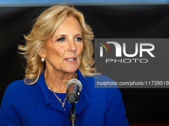 First Lady Jill Biden speaks at a Get Out the Vote campaign event for Harris-Walz in Harrisburg, Pennsylvania, United States, on November 3,...