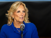 First Lady Jill Biden speaks at a Get Out the Vote campaign event for Harris-Walz in Harrisburg, Pennsylvania, United States, on November 3,...