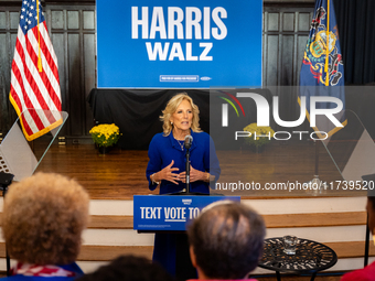 First Lady Jill Biden speaks at a Get Out the Vote campaign event for Harris-Walz in Harrisburg, Pennsylvania, United States, on November 3,...