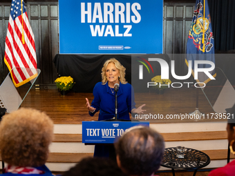 First Lady Jill Biden speaks at a Get Out the Vote campaign event for Harris-Walz in Harrisburg, Pennsylvania, United States, on November 3,...