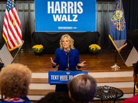 First Lady Jill Biden speaks at a Get Out the Vote campaign event for Harris-Walz in Harrisburg, Pennsylvania, United States, on November 3,...