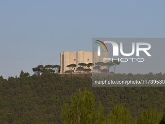 A panoramic shot captures the iconic Castel del Monte from afar, situated on a hill in the Apulian countryside. This UNESCO World Heritage s...