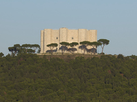 A panoramic shot captures the iconic Castel del Monte from afar, situated on a hill in the Apulian countryside. This UNESCO World Heritage s...