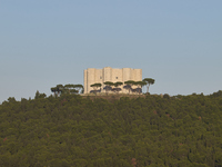 A panoramic shot captures the iconic Castel del Monte from afar, situated on a hill in the Apulian countryside. This UNESCO World Heritage s...