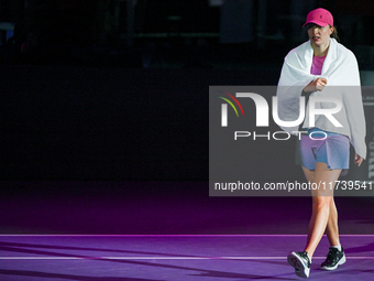 RIYADH, SAUDI ARABIA - NOVEMBER 03: Iga Swiatek of Poland after winning her opening match against Barbora Krejcikova of the Czech Republic o...