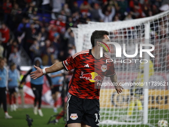 Dante Vainzer celebrates with teammates after scoring a goal at Red Bull Stadium in Harris, New Jersey, on November 3, 2024, where they tie...