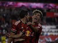 Dante Vainzer celebrates with teammates after scoring a goal at Red Bull Stadium in Harris, New Jersey, on November 3, 2024, where they tie...