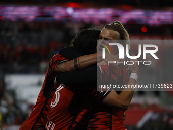 Dante Vainzer celebrates with teammates after scoring a goal at Red Bull Stadium in Harris, New Jersey, on November 3, 2024, where they tie...