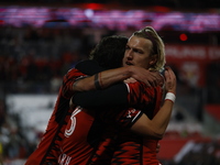 Dante Vainzer celebrates with teammates after scoring a goal at Red Bull Stadium in Harris, New Jersey, on November 3, 2024, where they tie...