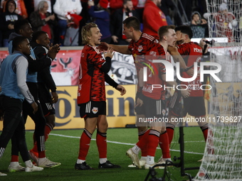 Emil Forsberg scores the penalty kick and celebrates with teammates at Red Bull Stadium in Harris, New Jersey, on November 3, 2024, where th...