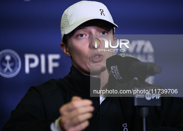 RIYADH, SAUDI ARABIA - NOVEMBER 03: Iga Swiatek of Poland speaks to the media at the post-match press conference after her first tournament...