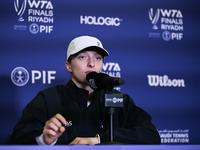 RIYADH, SAUDI ARABIA - NOVEMBER 03: Iga Swiatek of Poland speaks to the media at the post-match press conference after her first tournament...