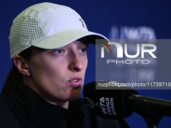 RIYADH, SAUDI ARABIA - NOVEMBER 03: Iga Swiatek of Poland speaks to the media at the post-match press conference after her first tournament...