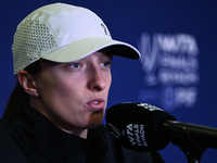 RIYADH, SAUDI ARABIA - NOVEMBER 03: Iga Swiatek of Poland speaks to the media at the post-match press conference after her first tournament...