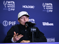 RIYADH, SAUDI ARABIA - NOVEMBER 03: Iga Swiatek of Poland speaks to the media at the post-match press conference after her first tournament...