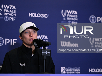 RIYADH, SAUDI ARABIA - NOVEMBER 03: Iga Swiatek of Poland speaks to the media at the post-match press conference after her first tournament...