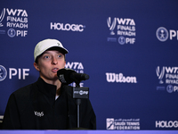 RIYADH, SAUDI ARABIA - NOVEMBER 03: Iga Swiatek of Poland speaks to the media at the post-match press conference after her first tournament...