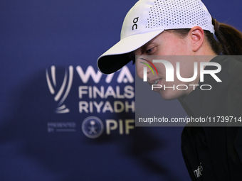 RIYADH, SAUDI ARABIA - NOVEMBER 03: Iga Swiatek of Poland at the post-match press conference after her first tournament victory over Barbora...