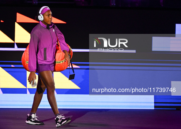 RIYADH, SAUDI ARABIA - NOVEMBER 03: Coco Gauff of USA arrives ahead of her match against Jessica Pegula on day 2 of the 2024 WTA Finals, par...