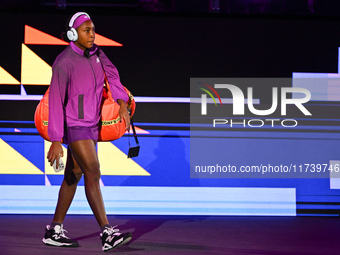 RIYADH, SAUDI ARABIA - NOVEMBER 03: Coco Gauff of USA arrives ahead of her match against Jessica Pegula on day 2 of the 2024 WTA Finals, par...