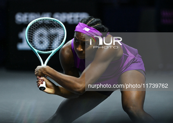 RIYADH, SAUDI ARABIA - NOVEMBER 03: Coco Gauff of USA during her match against Jessica Pegula of USA on day 2 of the 2024 WTA Finals, part o...