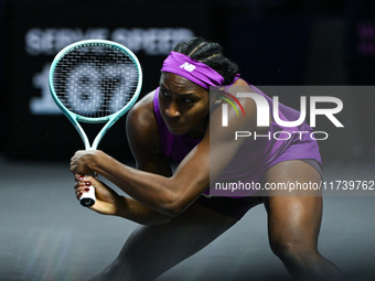 RIYADH, SAUDI ARABIA - NOVEMBER 03: Coco Gauff of USA during her match against Jessica Pegula of USA on day 2 of the 2024 WTA Finals, part o...