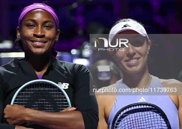 RIYADH, SAUDI ARABIA - NOVEMBER 03: Coco Gauff (L) and Jessica Pegula (R) pose for a photo ahead of their opening match on day 2 of the 2024...