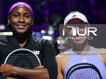 RIYADH, SAUDI ARABIA - NOVEMBER 03: Coco Gauff (L) and Jessica Pegula (R) pose for a photo ahead of their opening match on day 2 of the 2024...