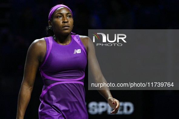 RIYADH, SAUDI ARABIA - NOVEMBER 03: Coco Gauff of USA during her match against Jessica Pegula of USA on day 2 of the 2024 WTA Finals, part o...