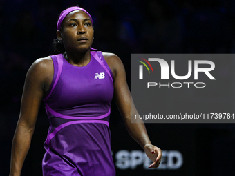 RIYADH, SAUDI ARABIA - NOVEMBER 03: Coco Gauff of USA during her match against Jessica Pegula of USA on day 2 of the 2024 WTA Finals, part o...