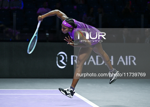 RIYADH, SAUDI ARABIA - NOVEMBER 03: Coco Gauff of USA during her match against Jessica Pegula of USA on day 2 of the 2024 WTA Finals, part o...