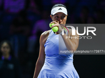 RIYADH, SAUDI ARABIA - NOVEMBER 03: Jessica Pegula of USA during her match against Coco Gauff on day 2 of the 2024 WTA Finals, part of the H...