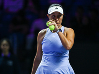 RIYADH, SAUDI ARABIA - NOVEMBER 03: Jessica Pegula of USA during her match against Coco Gauff on day 2 of the 2024 WTA Finals, part of the H...