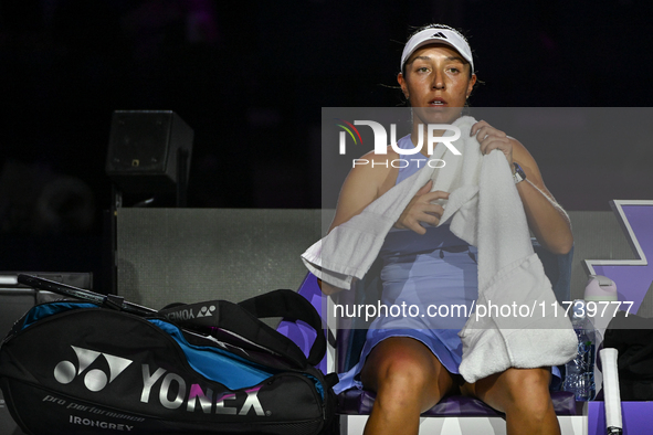 RIYADH, SAUDI ARABIA - NOVEMBER 03: Jessica Pegula of USA during her match against Coco Gauff on day 2 of the 2024 WTA Finals, part of the H...