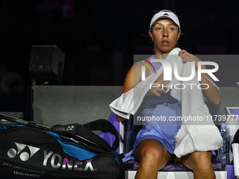 RIYADH, SAUDI ARABIA - NOVEMBER 03: Jessica Pegula of USA during her match against Coco Gauff on day 2 of the 2024 WTA Finals, part of the H...