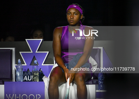 RIYADH, SAUDI ARABIA - NOVEMBER 03: Coco Gauff of USA during her match against Jessica Pegula of USA on day 2 of the 2024 WTA Finals, part o...