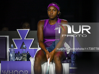 RIYADH, SAUDI ARABIA - NOVEMBER 03: Coco Gauff of USA during her match against Jessica Pegula of USA on day 2 of the 2024 WTA Finals, part o...